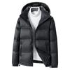 Inverno novo masculino estilo coreano cor de contraste com capuz engrossado quente 90 branco ganso baixo casaco casal moderno resistente ao frio