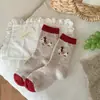 Calcetines para Mujer en Otoño e Invierno Calientes Rojos de Lana Calcetines de Mujer Calcetines de Media Caña con Lazo Lindos de Dibujos Animados Calcetines de Año Nuevo Medias