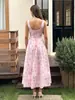 Vestido de tirantes floral con cuello en V europeo y americano, ribete de encaje, cordón en la espalda para atar la cintura, ceñido a la cintura, línea A, longitud de vestido falso