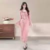 2026 Broca francesa para uñas collar encaje rosa vestido con sensación de ceñir la cintura temperamento vestido largo mujer blanco hueso gasa fina tipo ajustado