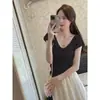 Camiseta de Tricô Feminina de Verão Gola V Manga Curta Seda Gelada Fina Elegante Slim Fit Ombro Normal