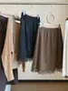 Falda de gamuza con ribete de encaje, nueva colección de otoño para mujer, estilo coreano retro de cintura alta, favorecedora y versátil falda midi de línea A