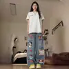 Calça Jeans Denim Bordada com Cachorro Estilo Retro Americano para Homens e Mulheres, Novo Design de Verão, Calça Larga Solta, Calça Cimitarra