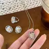 Conjunto de Brincos Colar Anel Pingente Flor Oval Zircônia Agulha de Prata Corrente de Clavícula Versátil Joias de Luxo Leve de Alta Qualidade