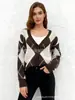 Cardigan de Tricô com Padrão de Diamante Color Blocking Gola Solta Estilo College Coreano para Mulheres, Novo Estilo Preguiçoso Primavera e Outono 2026