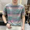 Camiseta de Verano para Hombre de Manga Corta con Rayas Acuarela, Estilo Tendencia, Bloque de Color, Cuello Redondo, Estilo Lujo Ligero, Versátil para Jóvenes, Camiseta Casual