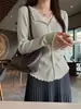 Suave Jersey de Punto Falso Dos Piezas con Parches de Encaje para Mujer, Primavera/Otoño, Cuello Solapa, Canalé, Borde Fruncido, Manga Larga, Corte Ajustado, Prenda Base