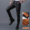 Calças de Couro Slim-Fit Estilo Coreano de Outono para Homens, Calças Skinny Stretch Biker com Forro de Lã, Alta Elasticidade e Confortáveis para Homens Jovens