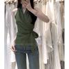 Estilo Novo de Verão 2026 V-neck Francês Amarração Cruzada na Cintura Acinturado Casual Verde Sem Mangas Camisa Colete Top para Mulheres