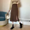 Falda Larga Marrón con Abertura para Mujer Otoño e Invierno 2021 Nueva de Cintura Alta Ajustada de Longitud Media Falda de Traje Pequeña de Corte A