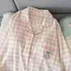 Atacado Transfronteiriço Plus Size Algodão Nuvem Rosa Branco Xadrez Gatinho Pijama Lapela Solto Primavera Outono Roupa de Casa Conjunto de Duas Peças