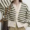 Suéter Listrado de Gola V Estilo Coreano Novo da Primavera Feminino Solto Design Preguiçoso Cardigan Jaqueta Curta Tricotada Versátil