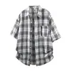 Camisa a Cuadros Blancos y Negros de Manga Corta para Hombre, Estilo Delgado de Verano, Fresca y Elegante para Adolescentes, Camisa Casual Holgada con Mangas de Tres Cuartos, Negra