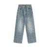 Jeans Lavados Estilo Parisino Retro Americano con Estampado de Letras para Hombre Otoño Sueltos Rectos Pierna Ancha Pantalones que Arrastran el Piso