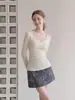 Novo Outono Estilo Francês Leve Maduro Gola de Lapela Renda Patchwork Modelagem Slim Fit Top de Tricô Feminino
