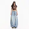 Jeans Laranja Infantil # Azul Claro Tencel Estilo Relaxado Wide Leg para Mulheres, Caimento Solto, Emagrecedor, Fluido, Casual, Versátil, Calça de Comprimento Total.