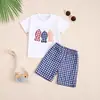 2025 Novo Bebê Crianças Moda Verão Três Peixes Bordados Respirável Camiseta Xadrez Finos Shorts Conjunto de Duas Peças