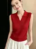 Camiseta sin mangas de punto de seda helada con cuello polo rojo para mujer, top casual versátil de verano ajustado