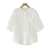 82609 Camisa de Algodón Gasa de Doble Capa con Bolsillo y Cuello Mao de Manga Media para Mujer 2026 Nuevo Top Blusa Casual de Verano