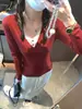 Top de punto con patchwork de color contrastante, cuello en V, falso dos piezas, manga larga, nuevo Otoño 2025, ajustado, elástico, camiseta base