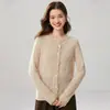 Suéter de cachemir 100% puro estilo minimalista otoño e invierno para mujer, cuello redondo, ribete de encaje, cárdigan de botones, top de punto adelgazante