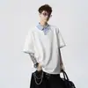 Camisa Polo Listrada Color Block Estilo Americano Falsa Duas Peças Manga Curta para Homens e Mulheres, Camiseta Gola Polo Solta Versátil de Verão para Casais