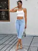 Calça jeans cropped azul claro, com elástico no bumbum, para mulheres, corte justo, que valoriza a silhueta, calça estilo lápis no tornozelo, transfronteiriça