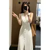 Vestido blanco de punto calado estilo francés para mujer, nuevo modelo de verano, entallado a la cintura, vestido largo adelgazante