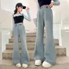 Jeans para niñas, nuevo estilo de primavera, pantalones acampanados elásticos elegantes para niños, pantalones casuales de cintura alta con pedrería para niños mayores, modernos
