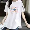 Camiseta informal versátil de manga corta con estampado, cuello redondo, corte holgado y efecto adelgazante, cómoda y versátil, para comercio exterior transfronterizo.