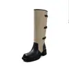 Botas de Montar de Cuero de Vaca de Dos Capas con Bloques de Color para Mujer, Botas Altas Largas para Otoño e Invierno, Punta Redonda con Hebilla de Cinturón, Botas Altas hasta la Rodilla de Tacón Bajo para Mujer