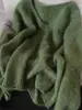 Suéter de Cashmere Verde Macio e Ceroso com Gola V para Mulheres no Outono e Inverno, Preguiçoso e Solto, Pode Ser Usado por Fora e como Blusa de Tricô por Dentro