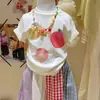Conjunto de Verão Novo Estilo Coreano para Meninas Ningli Tendência Infantil Camiseta de Manga Curta com Desenho Calça Longa Xadrez Color Blocking