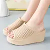 Chinelos de salto alto femininos de verão com sola grossa para casa estilo coreano sandálias de cunha da moda sapatos com furos antiderrapantes para banheiro respiráveis para uso externo