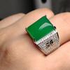 Anillo de hombre de calcedonia verde hielo bañado en plata 925 incrustado esmeralda anillo de jade verde abuela ágata boca abierta regalo para hombre