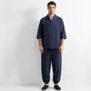 Nueva ropa para hombre transfronteriza estilo chino traje de algodón y lino, conjunto de dos piezas simple holgado retro de manga corta de verano para hombre Hanfu