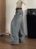 Calça Jeans Bordada Tendência para Mulheres, Nova Coleção Outono 2026, Lavagem Vintage Casual Solta de Perna Reta