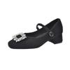 Início da primavera de 2025, novos sapatos de salto alto grosso, pretos, com cabeça quadrada e strass, sapatos femininos Mary Jane Mao com forro de lã