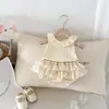 Macacão Vestido de Verão para Bebê Conjunto de Duas Peças para Meninas, Roupa Elegante Sem Mangas Fina para Celebrações de Primeiro Mês e Cem Dias, Roupa de Verão Estilo Princesa
