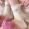 Meias de Veludo Australianas Cor-de-Rosa para Mulheres no Outono e Inverno Aconchegantes e Espessadas Desenho de Morango Coelho Laço Meias de Cano Médio Meias para Dormir/Chão