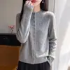 Cárdigan de punto fino para mujer con patrón de hoja de sauce, con diseño calado, un nuevo estilo otoño/invierno, cierre de botones, cuello semi-alto y versátil como capa base