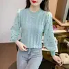 Blusa de Tricô Moda Coreana Estilo Spliced Manga Bufante Gola Redonda Elegante Versátil Redutora de Idade Base Chiffon