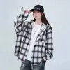 Camisa com Capuz Xadrez Escovado Contrastante, Estilo Neutro, Linda e Bonita Camisa Cardigan, Jaqueta Solta Estilo Hong Kong