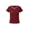 Camiseta Azul de Cuello en V de Manga Corta Estilo Americano para Mujer, Diseño de Verano, Top Deportivo Ajustado de Media Manga