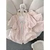 Conjunto de pijama de algodão nuvem rosa claro com bolinhas estilo girl, verão, gola redonda, manga bufante, soltinho, confortável, roupa de casa feminina