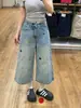 Jeans Cropped Wide-Leg Bordado Estilo Americano Feito Sob Medida de Fábrica para Mulheres, Calças Finas Soltas Retas de Comprimento Médio Plus Size de Verão