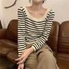Camisa de Punto Cuadrada Estilo Coreano NUNBAI para Mujer, Nueva para Primavera y Otoño, Top Rayado Blanco y Negro, Suéter de Manga Larga, Camiseta Básica