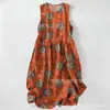 Vestido Casual de Algodão Puro com Estampa Digital Nova, Gola Redonda, Sem Mangas, Comprimento Médio, Para Mulheres, Verão na Praia