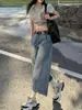 Jeans Novo Estilo Scimitar para Mulheres, Estilo Americano High Street, Caimento Solto, Design Que Esconde a Figura, Calças Cropped Retas de Perna Larga para Mulheres