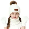 Conjunto de gorro, bufanda y guantes de punto para niños, conjunto cálido de otoño e invierno con gorro de orejeras y pompón, calentador de cuello con forro polar para niñas y bebés